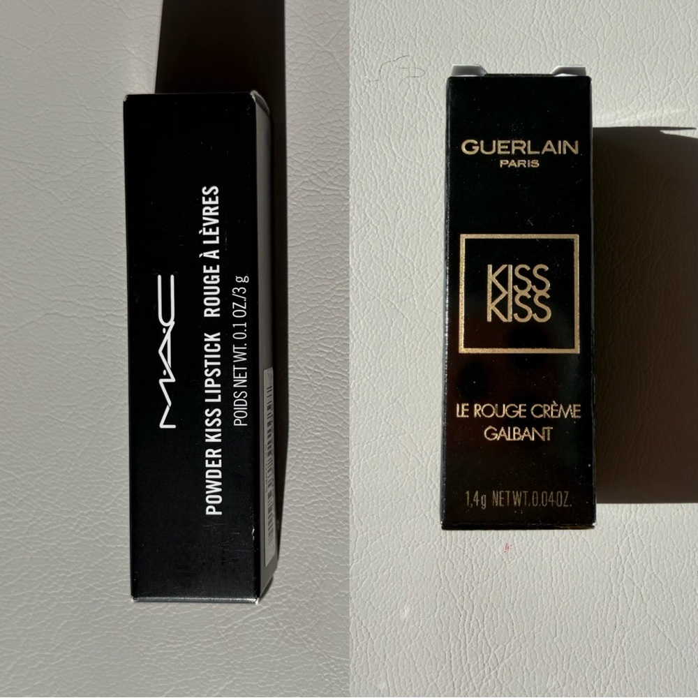 MAC Powder Kiss Lipstick - Mull it Over, Guerlain 325 KissKiss